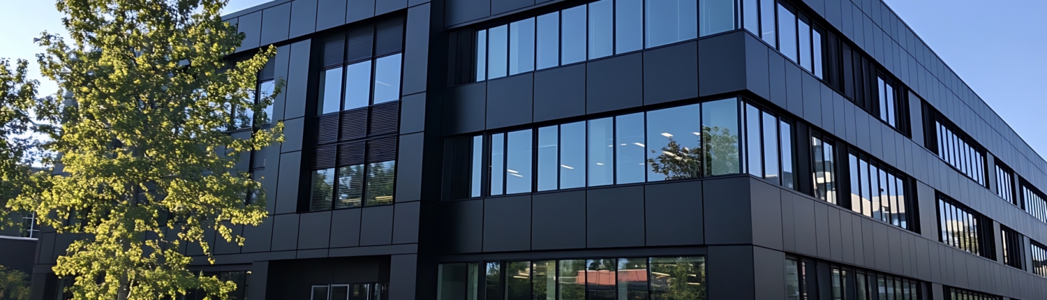 modern office building exterior design in front of tree